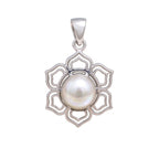 Front view of CHAKORE authentic freshwater pearl lotus pendant in 925 sterling silver, showing openwork petals and bail.