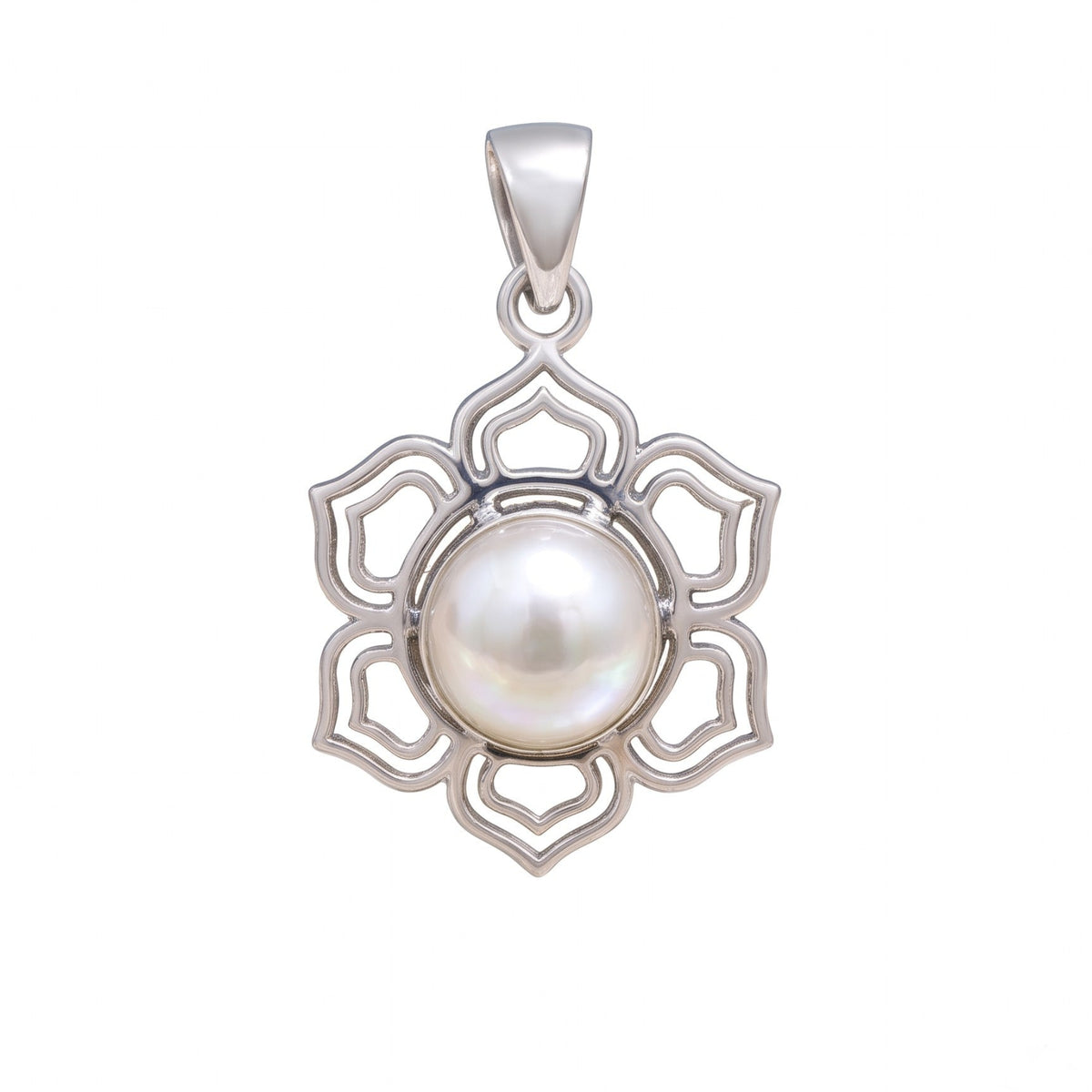 Front view of CHAKORE authentic freshwater pearl lotus pendant in 925 sterling silver, showing openwork petals and bail.