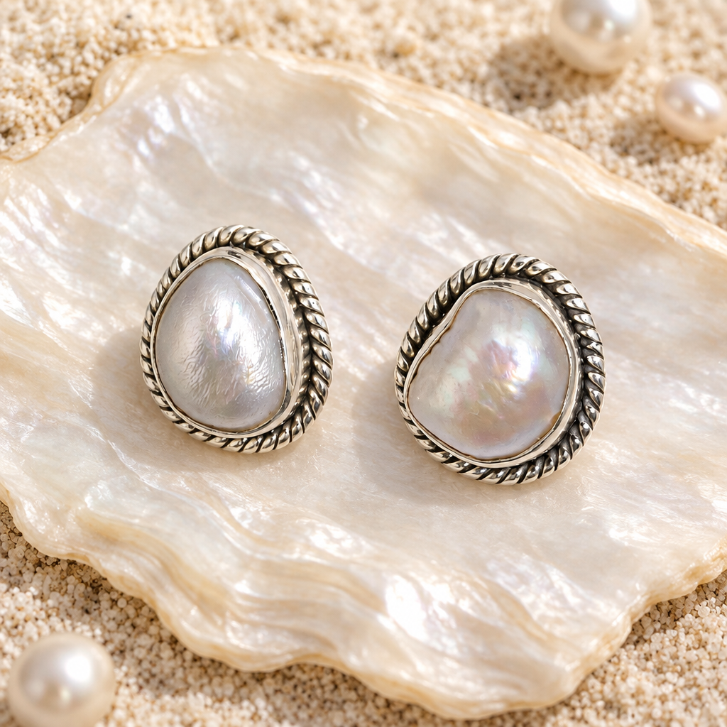 CHAKORE authentic baroque freshwater pearl studs in 925 sterling silver, displayed on a mother-of-pearl shell.