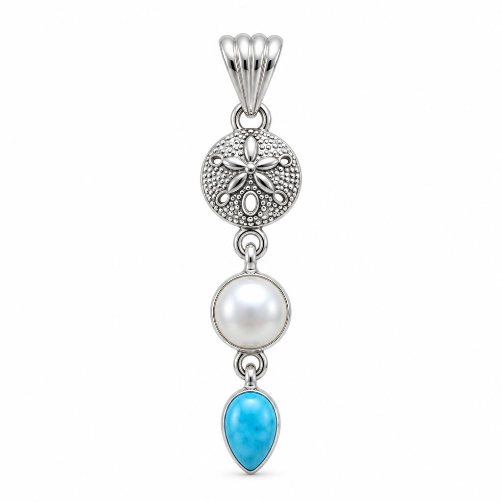 Front view of CHAKORE 925 sterling silver pendant with a sand dollar motif, authentic freshwater pearl and blue teardrop