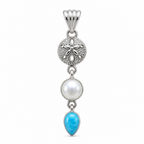 Front view of CHAKORE 925 sterling silver pendant with a sand dollar motif, authentic freshwater pearl and blue teardrop