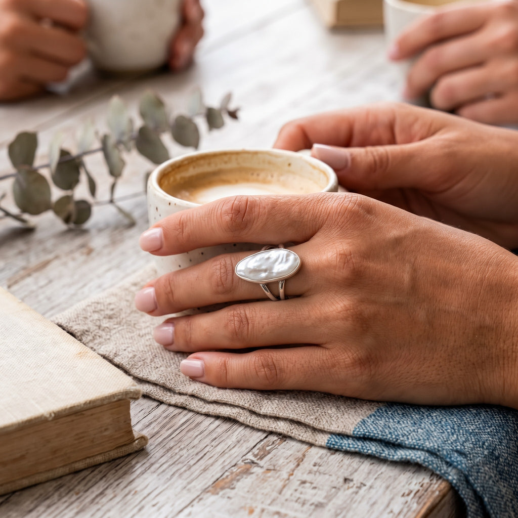CHAKORE silver jewellery's hypoallergenic 925 sterling silver freshwater pearl ring worn on a hand holding a ceramic coffee cup.