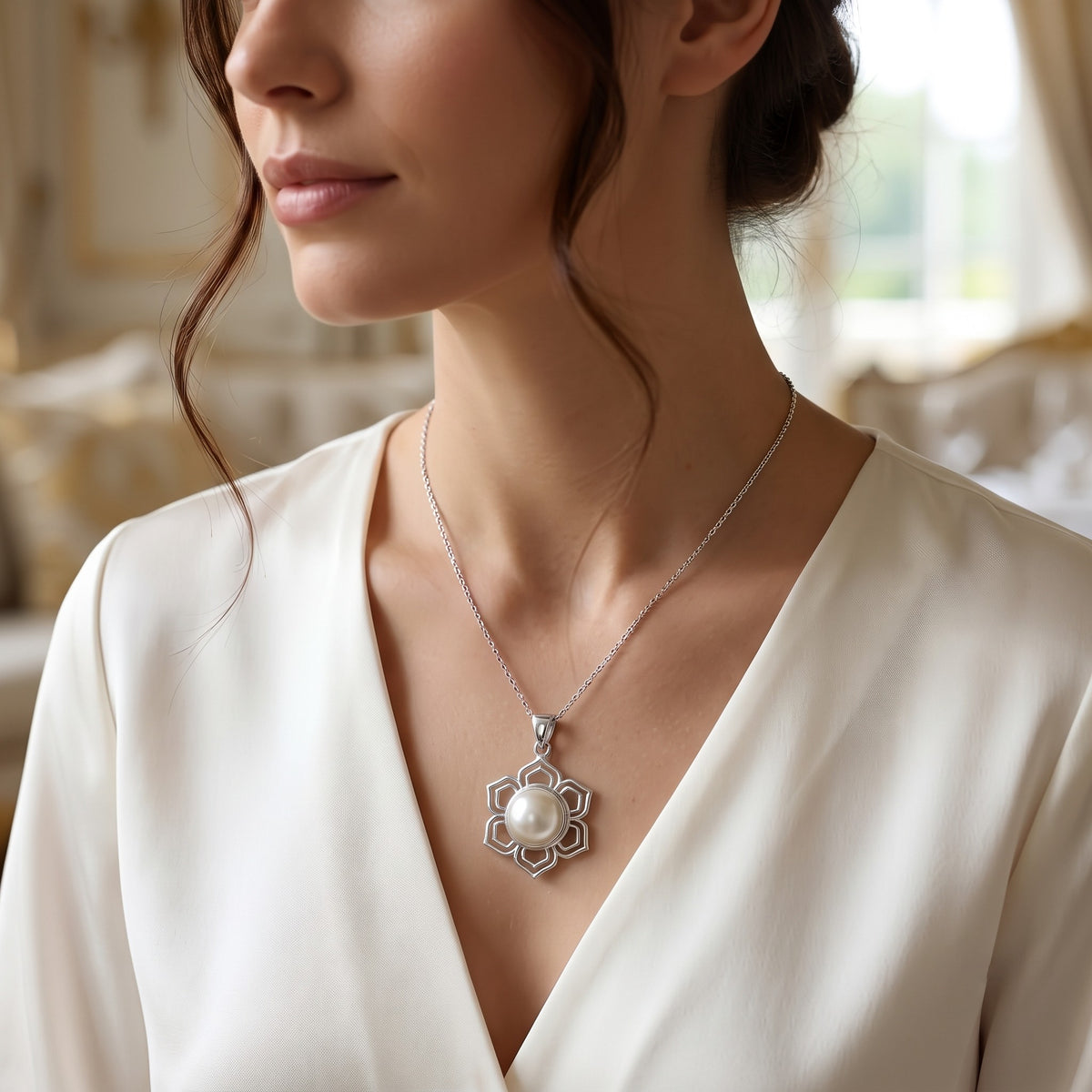 Model wearing CHAKORE hypoallergenic 925 sterling silver lotus freshwater pearl pendant with a white blouse.