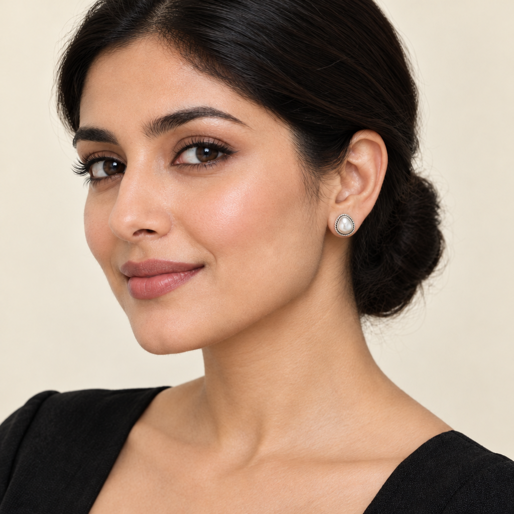 Model wearing CHAKORE hypoallergenic 925 sterling silver freshwater pearl stud earrings with twisted rope borders.