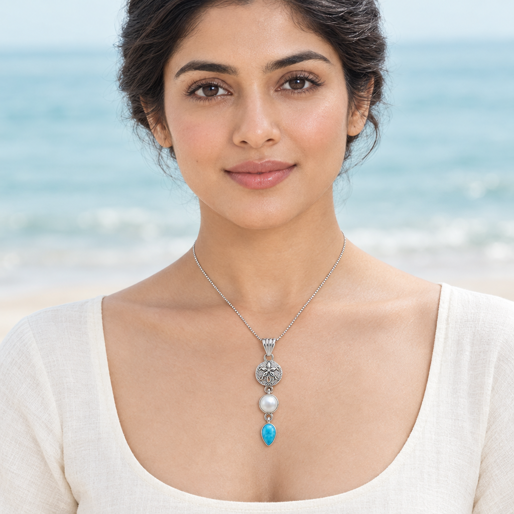 Model wearing CHAKORE hypoallergenic 925 sterling silver freshwater pearl and blue teardrop pendant with a white top.