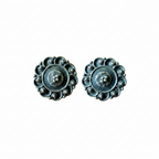 Classic Lunar Oxidised 925 silver stud earrings held between fingers for size reference – handcrafted mandala filigree ethnic studs by CHAKORE