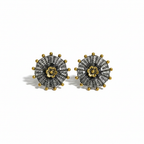 Pair of oxidised silver stud earrings with gold flower centre and bead border on white background — CHAKORE 925 silver jewellery
