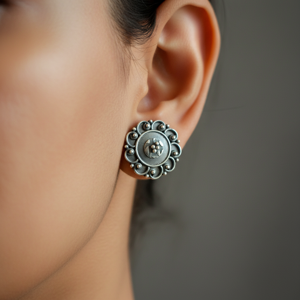 Oxidised silver stud earrings with mandala filigree design worn on model – 925 silver ethnic studs by CHAKORE
