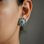Oxidised silver stud earrings with mandala filigree design worn on model – 925 silver ethnic studs by CHAKORE
