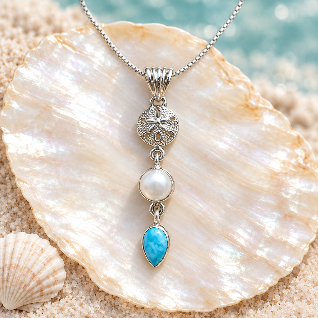 CHAKORE real freshwater pearl and blue teardrop pendant in 925 sterling silver, shown on a chain over a mother-of-pearl shell.