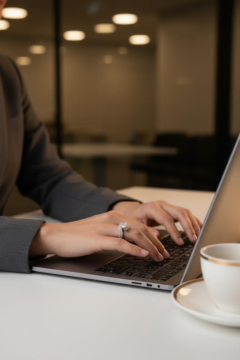 Crescent Embrace Ring - Working on Laptop