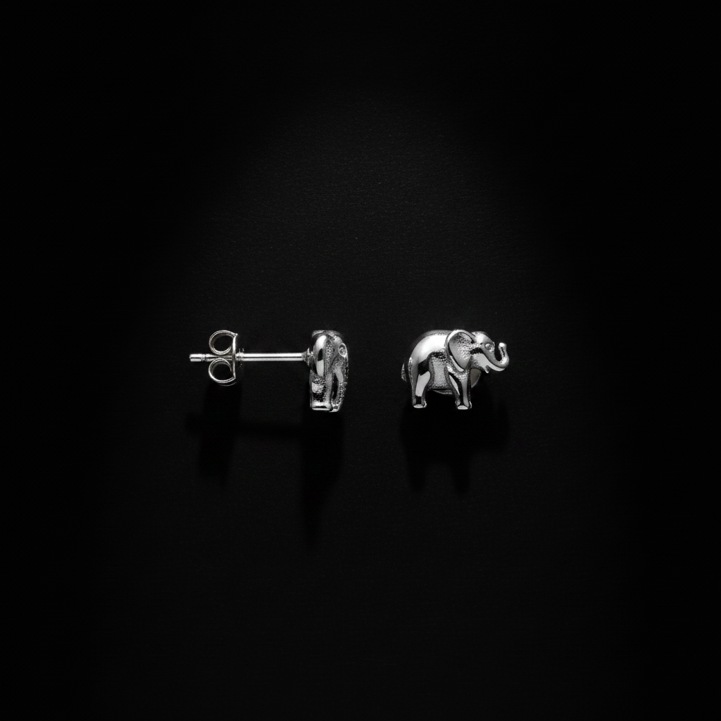 Sterling Silver Elephant Studs front and side view showing post and clasp – CHAKORE
