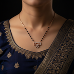 A close-up of a woman wearing a traditional Indian 925 pure silver mangalsutra necklace with a rectangular pendant featuring a central ruby stone and diamond accents, paired with a navy blue embroidered blouse.