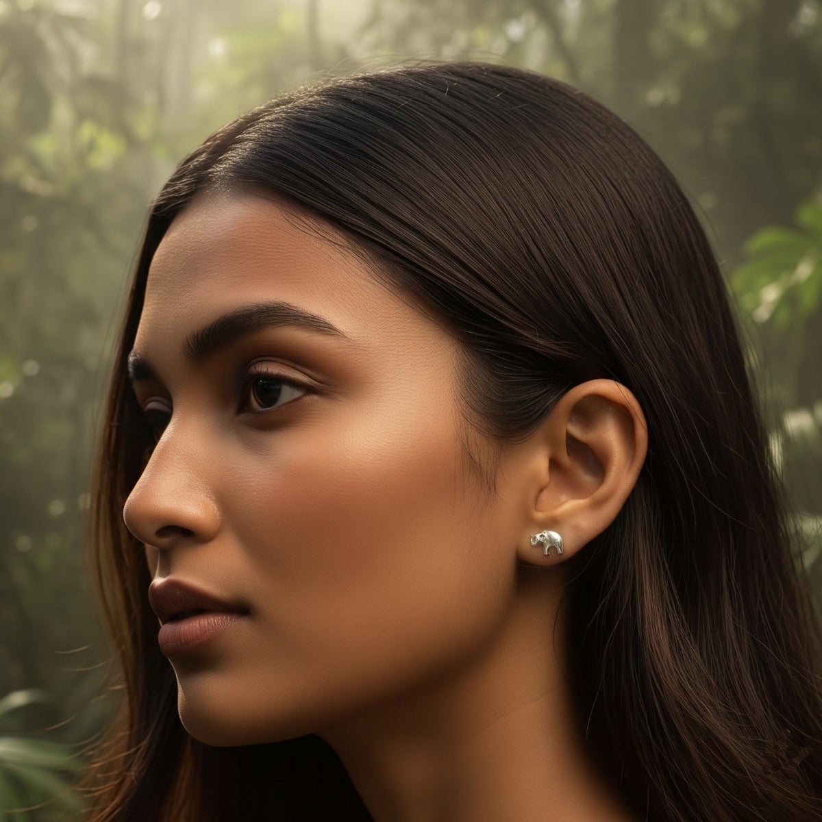 A close-up portrait of a woman in profile wearing a small 925 silver stud earring by Chakore, set against a soft-focus lush green forest background.