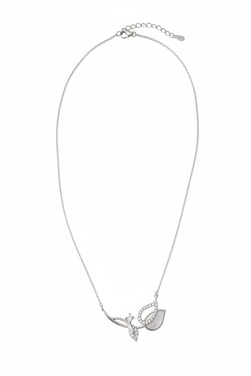 925 Sterling Silver Minimalist hero shot - leaf necklace with MOP by CHAKORE