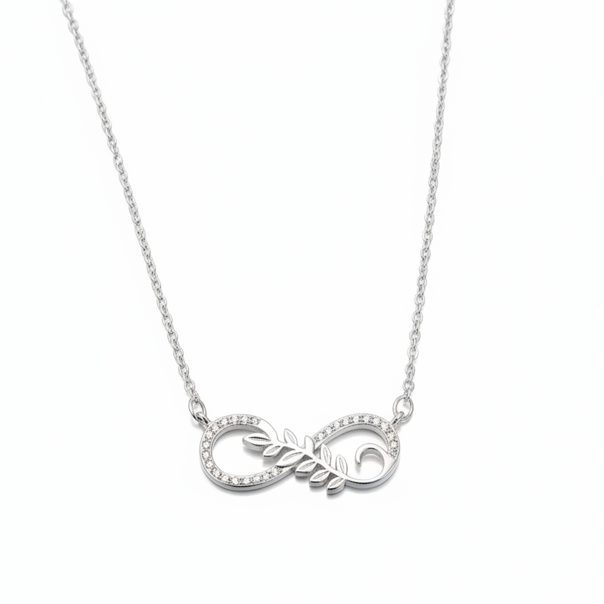 Minimalist Hero Shot of 925 Sterling Silver Necklace with infinity leaf design by CHAKORE