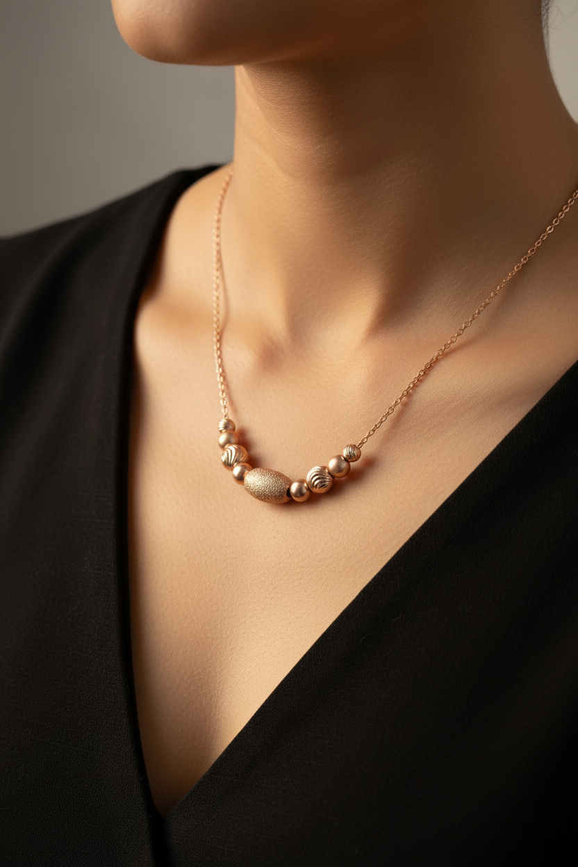 Black Dress Rose gold beaded 925 silver necklace close-up at neckline on Indian model in black dress, studio jewelry shot