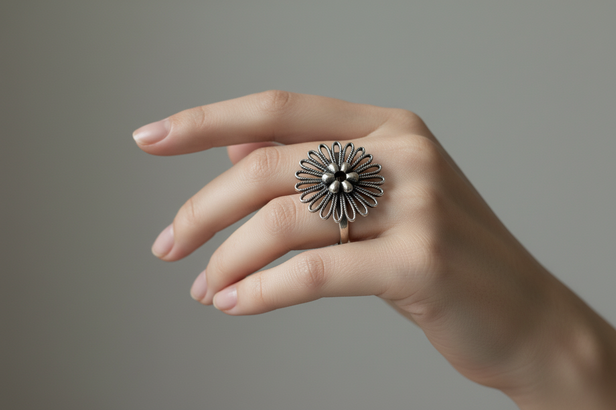 Oxidised Filigree Ring – On Hand