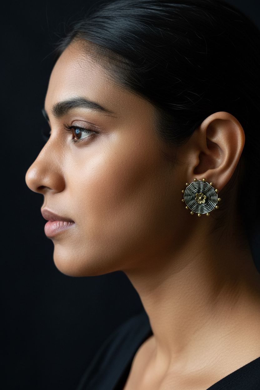 Oxidised silver stud earrings with brass gold flower centre and bead border, worn close-up on Indian woman's ear — CHAKORE
