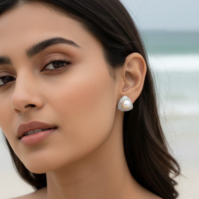 Pearl Triangle Studs Silver – Beach On Model