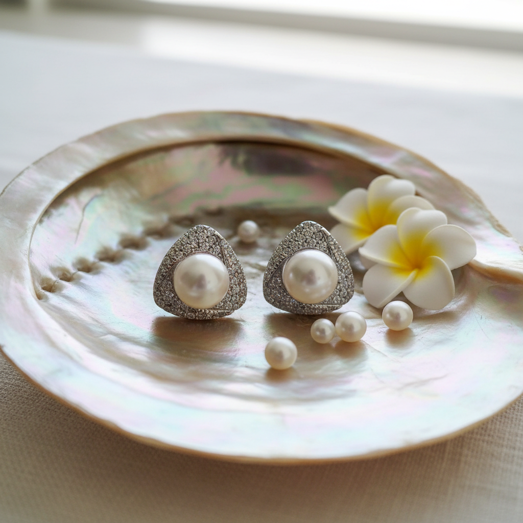 Pearl Triangle Studs Silver – Shell & Florals