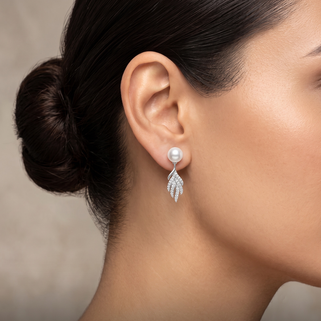 Freshwater Pearl & Crystal Leaf 925 Silver Drop Earrings