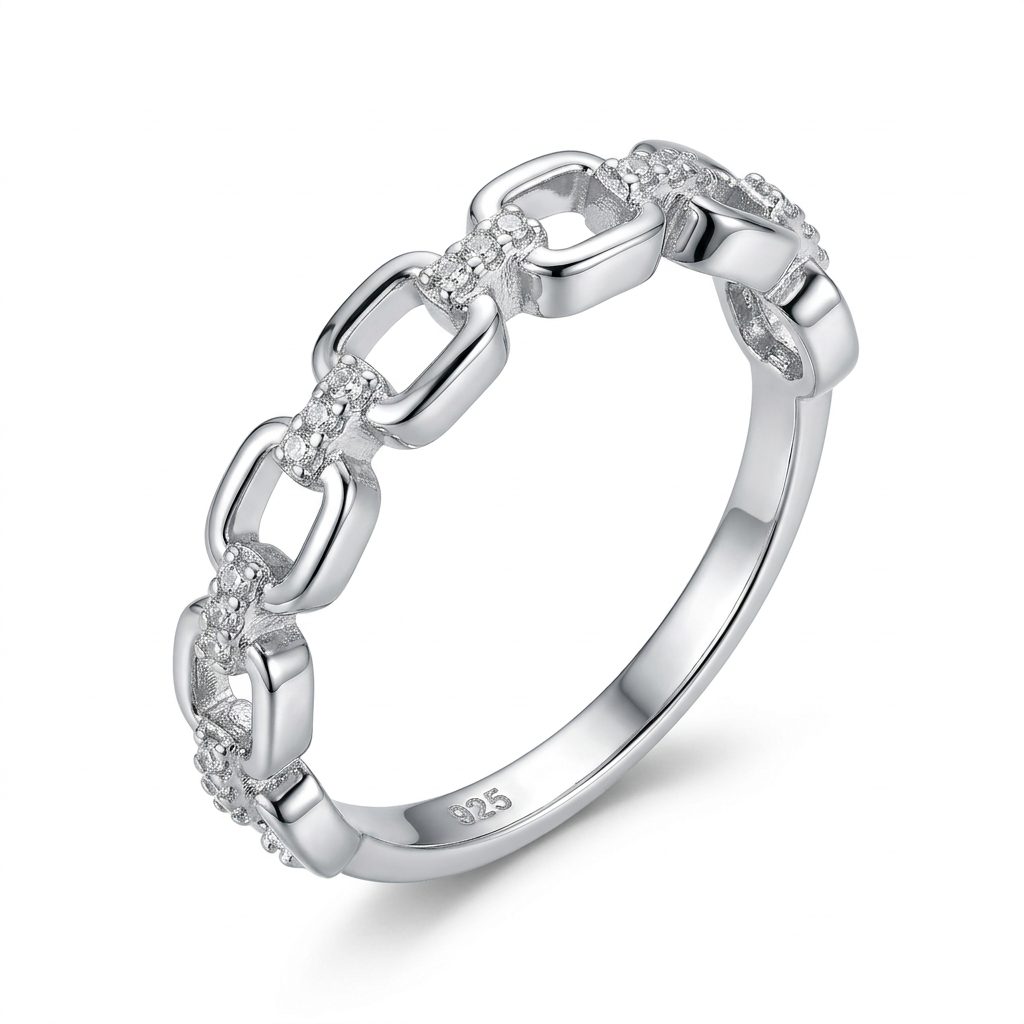 Seven-link silver ring with inside 925 hallmark on white