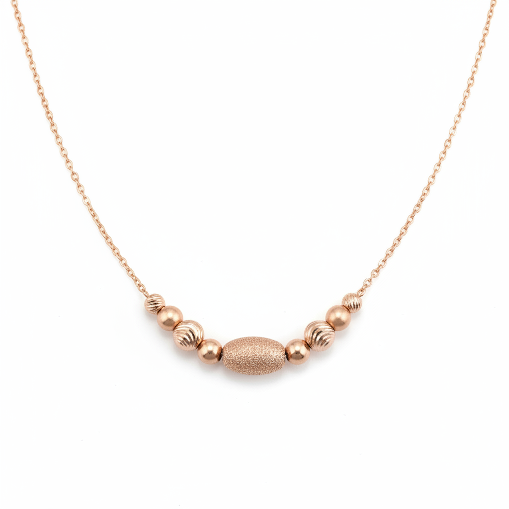 Rose gold beaded 925 silver necklace on seamless white background, shadowless high-end studio jewelry photography