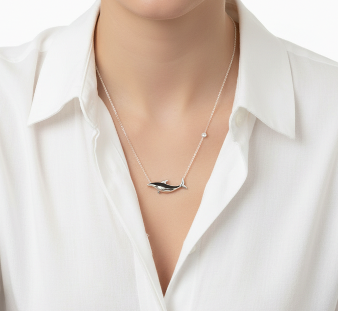 Silver Dolphin Necklace Worn at Neckline