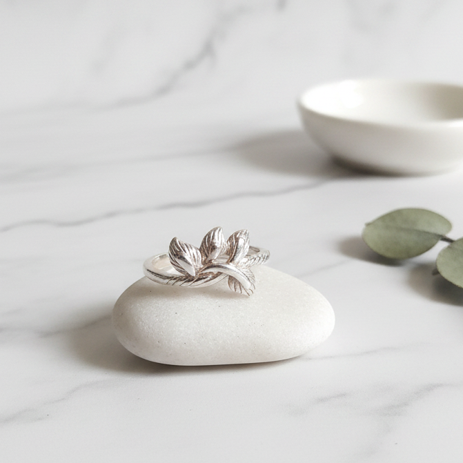Silver Leaf Ring on Stone – Minimal Props Marble Flat Lay