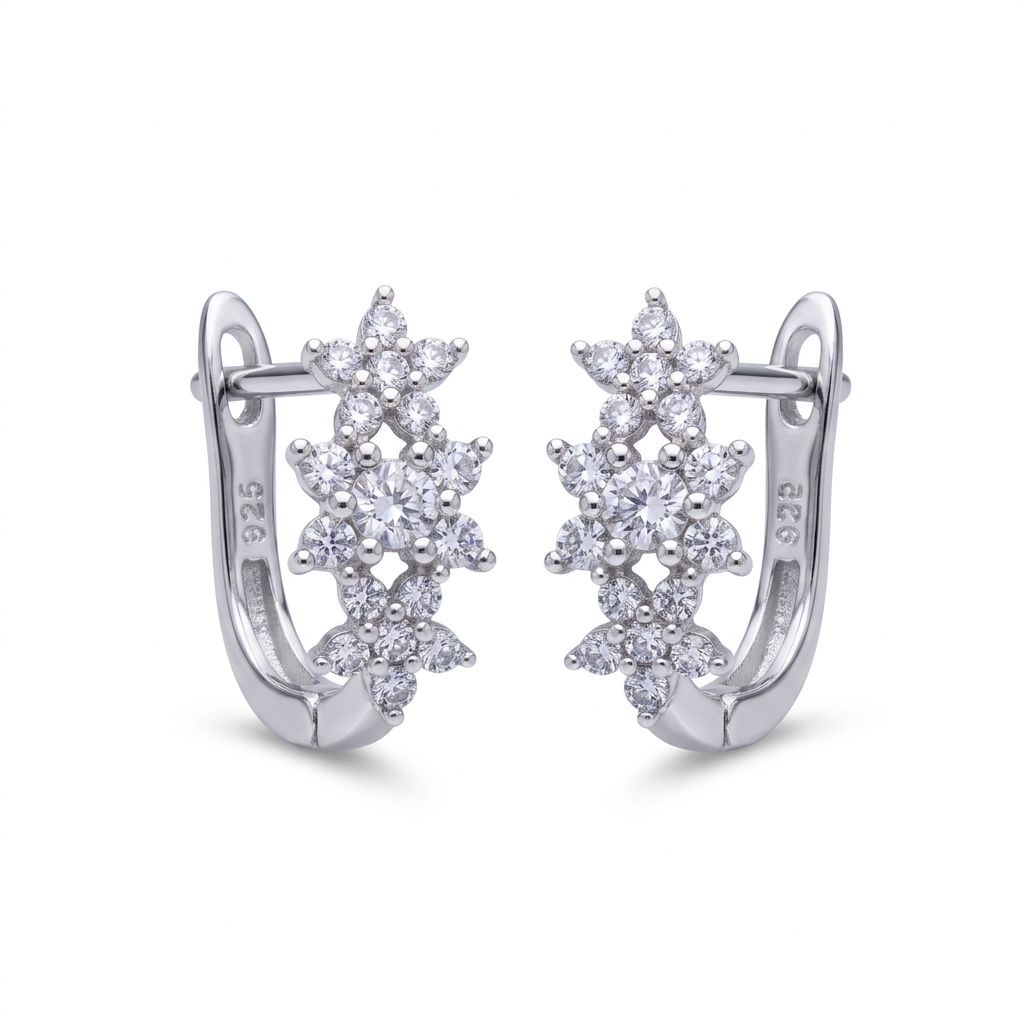 Starry Bloom silver hoops on white