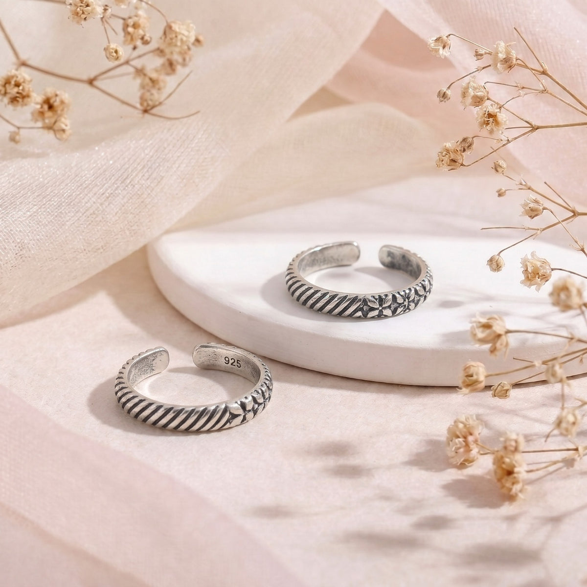 Adjustable Floral-Rope Dual Band Oxidized 925 Silver Toe Rings (Bichiya)