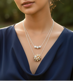 Tri-color 925 sterling silver necklace by CHAKORE worn by model in Navy blue dress in Golden Hour