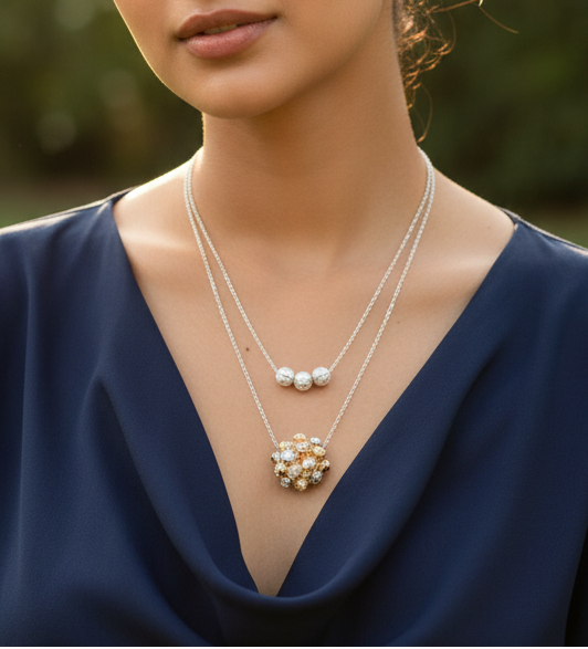 Tri-color 925 sterling silver necklace by CHAKORE worn by model in Navy blue dress in Golden Hour