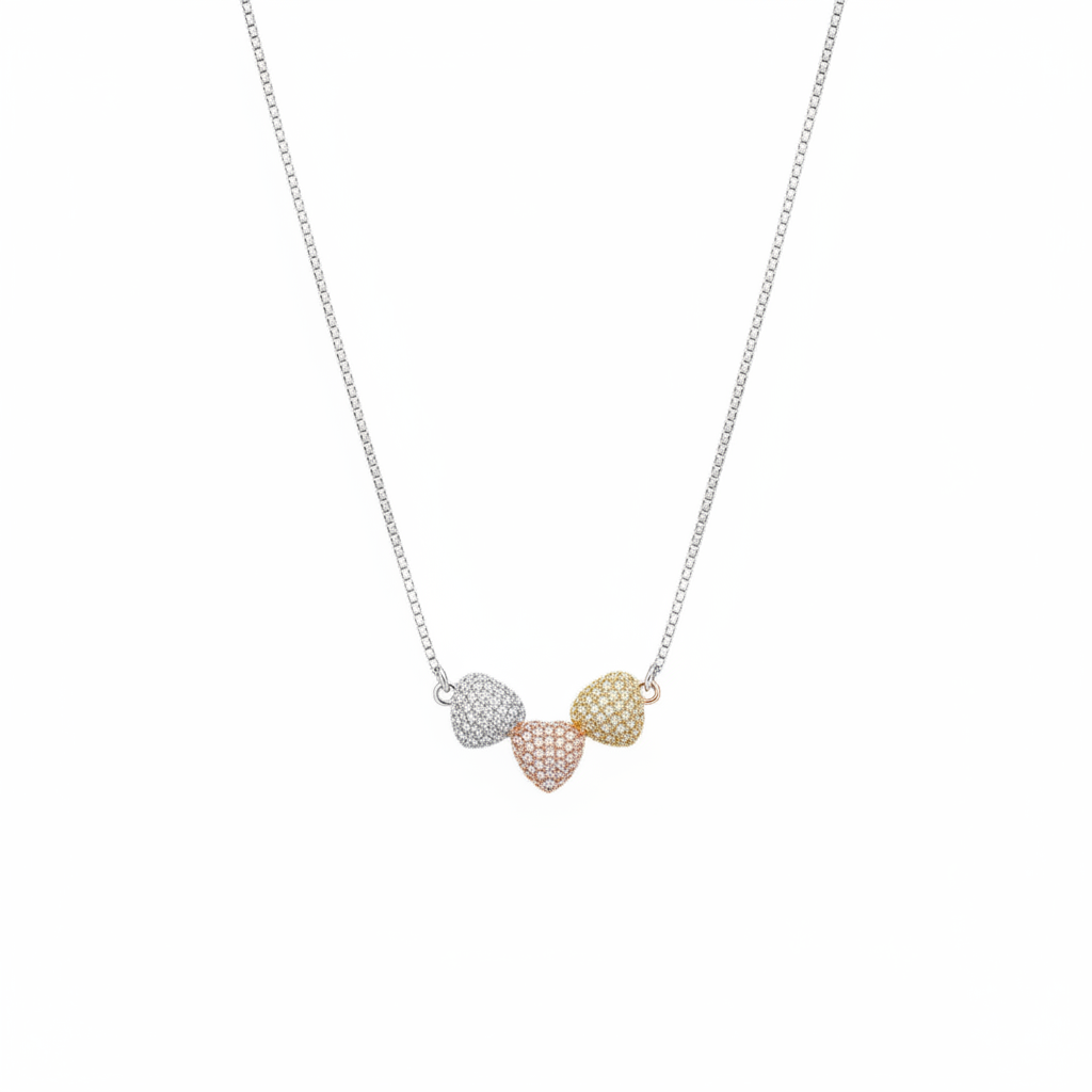 925 silver tri-tone pave hearts necklace on white background — Clara tri-color pendant India