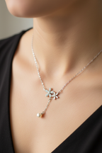 Worn at neckline close-up